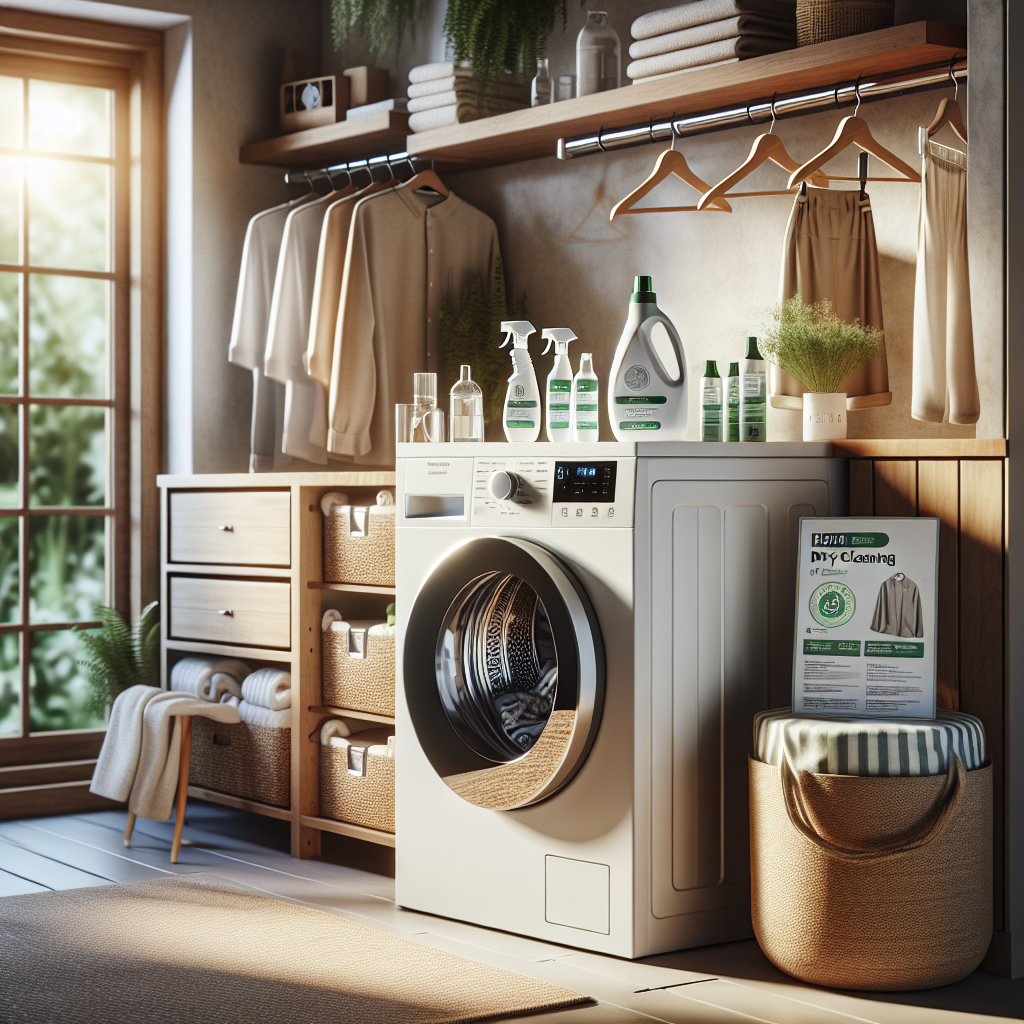 A home dry cleaning setup in a cozy laundry room with modern appliances and eco-friendly products.