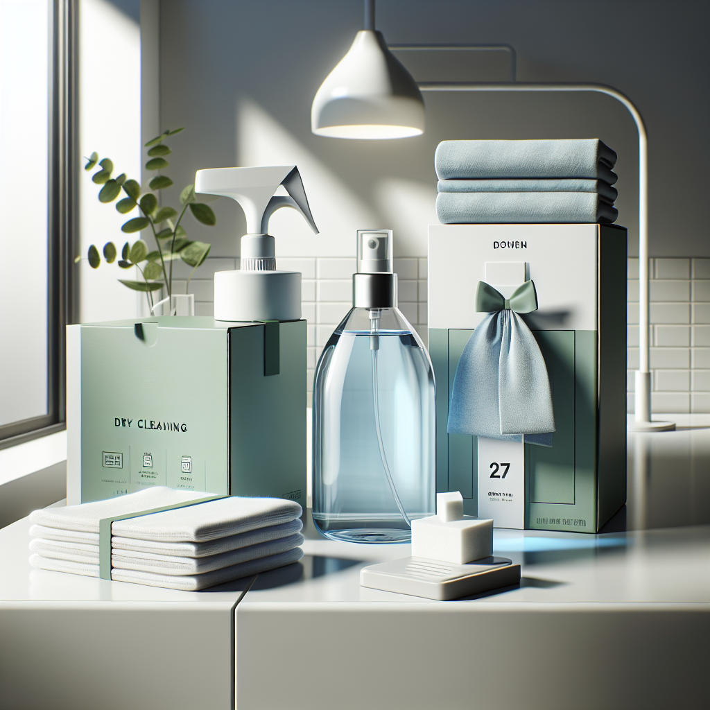 Home dry cleaning products on a modern white countertop.