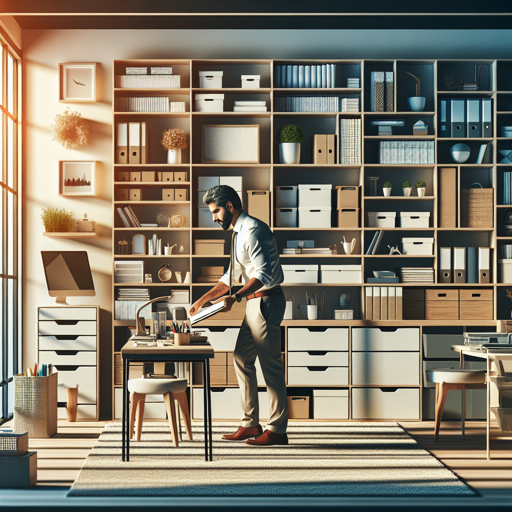 A professional organizer arranging items in a well-ordered home office.