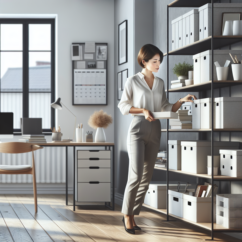 A professional organizer arranging items in a modern, well-lit home office.
