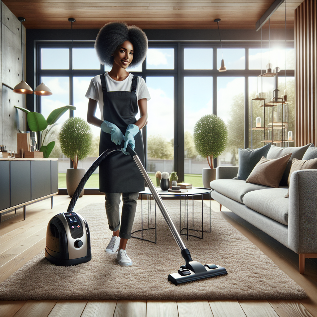 A professional house cleaner vacuuming a modern, clean living room.