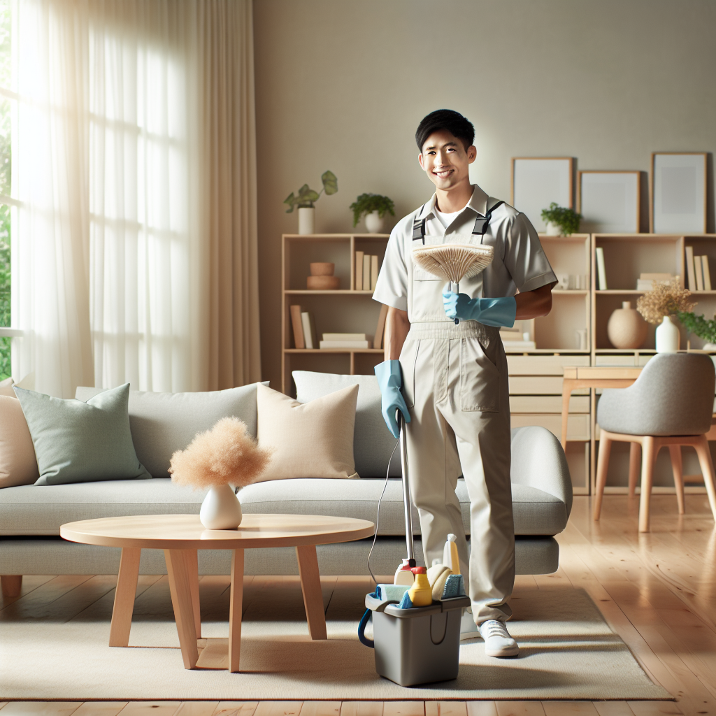A cheerful house cleaner in a neat living room, showcasing professional and spotless cleaning.