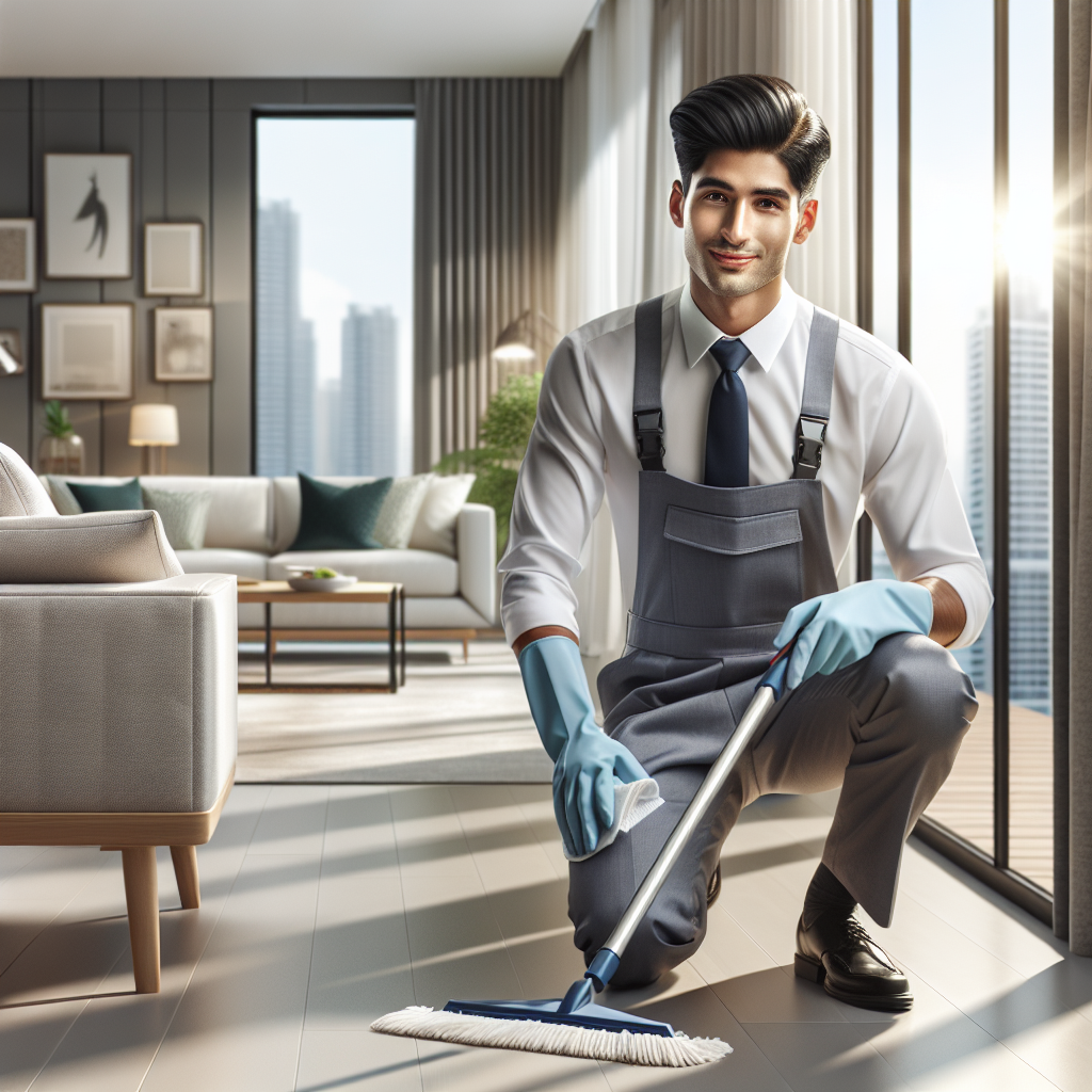 A professional house cleaner in a modern, elegantly furnished living room.