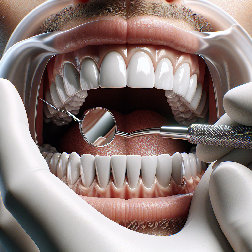 A close-up of a dental deep cleaning procedure showing a dentist's hands using a scaling tool on a patient's teeth.