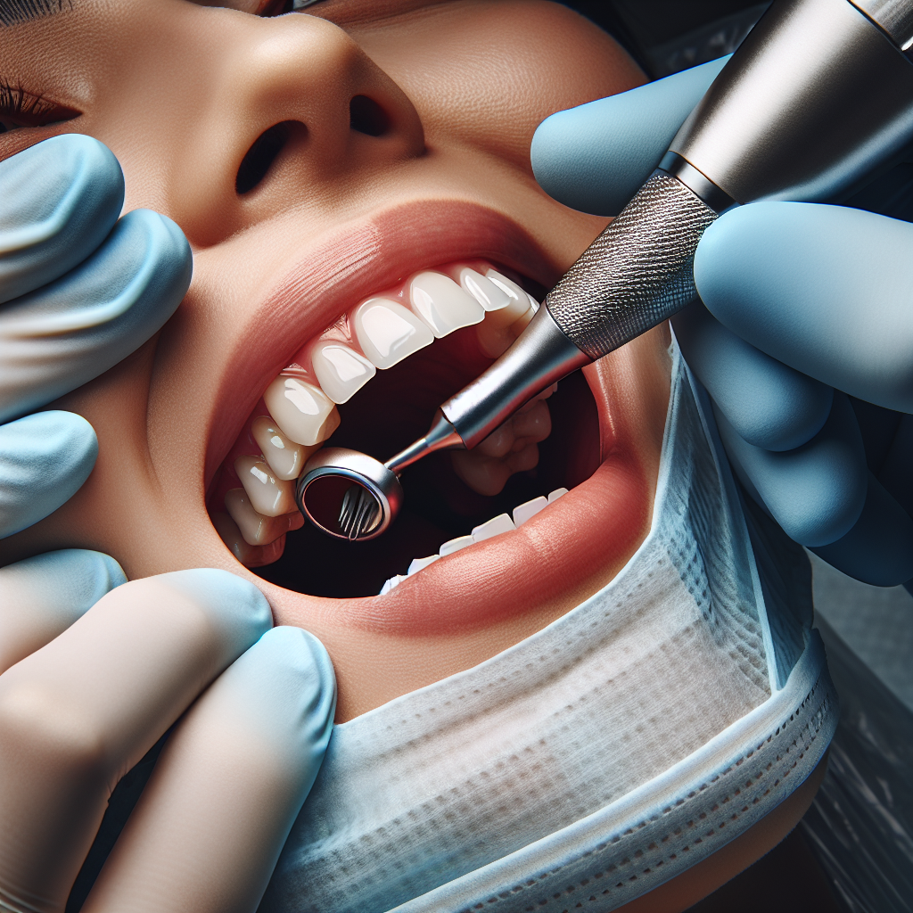 Close-up of a dentist performing a deep cleaning procedure on a patient's tooth.