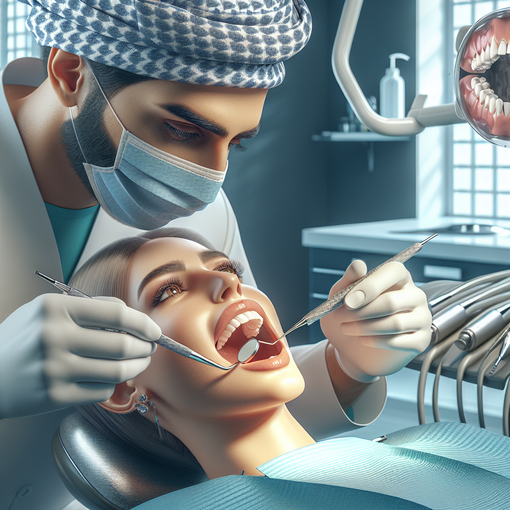 A dentist performing deep cleaning on a patient's teeth in a professional dental office.