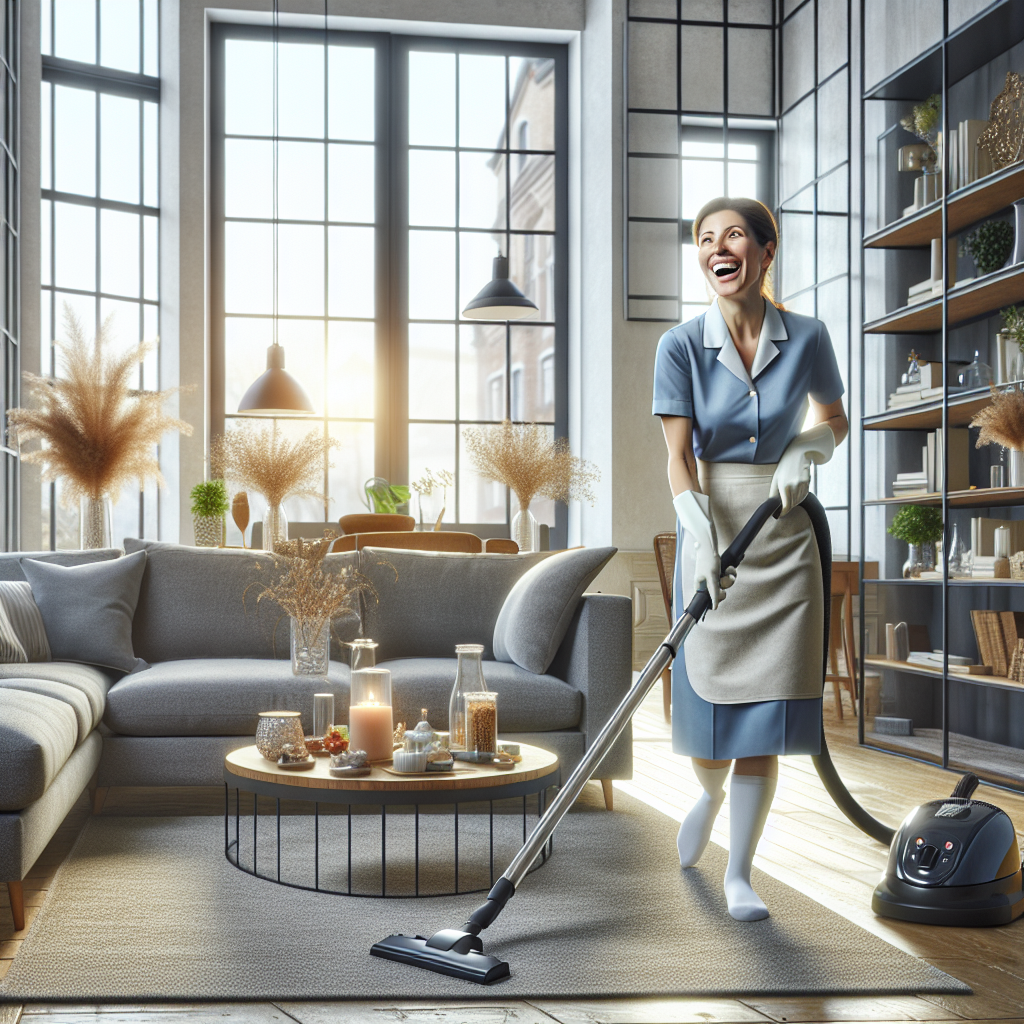 A realistic image of a living room being cleaned by a housekeeper.