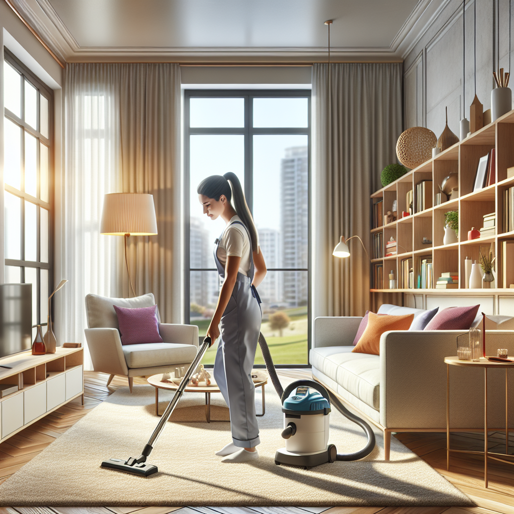 A modern living room being cleaned by a professional cleaner, emphasizing a clean and inviting atmosphere.