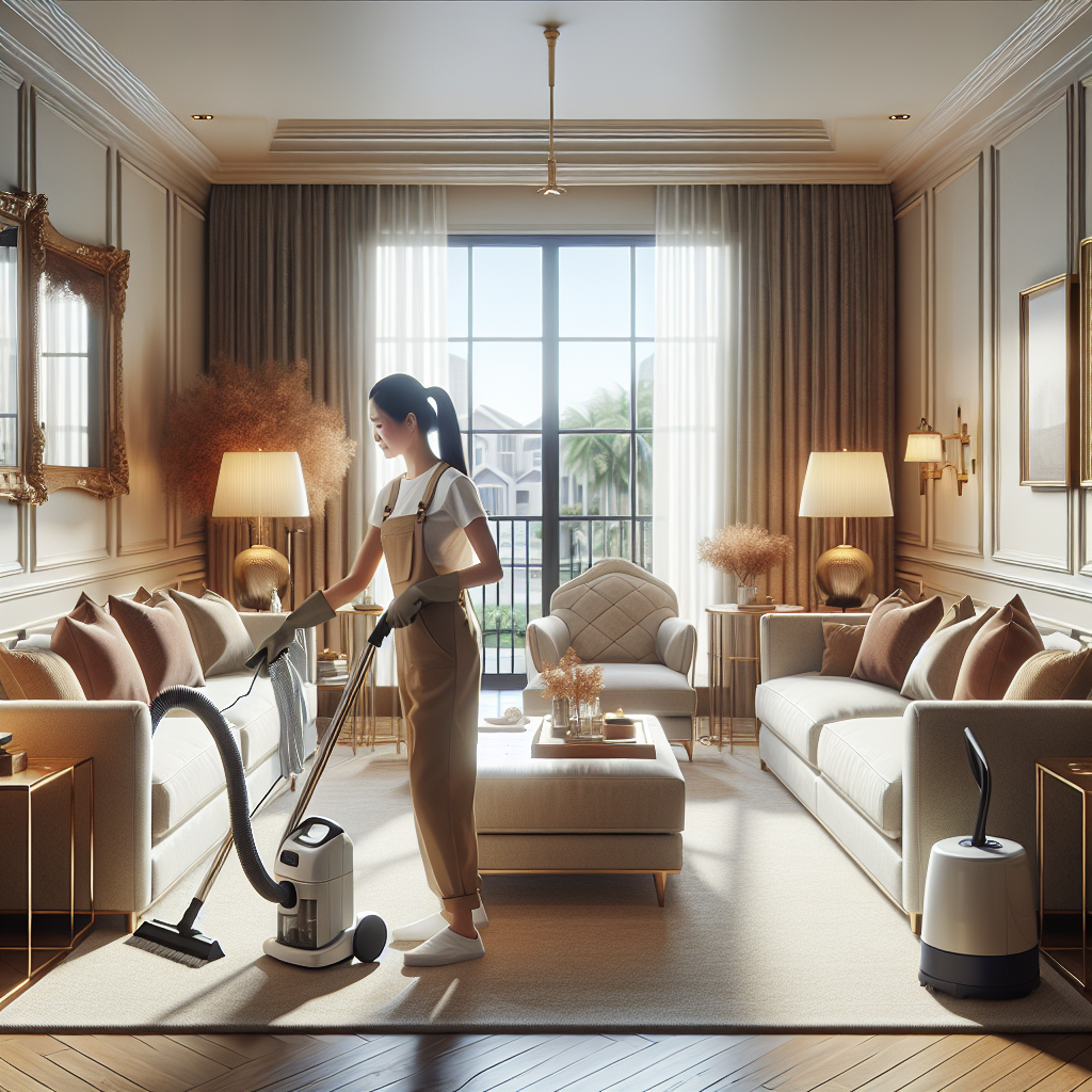 A realistic image of a professional cleaner tidying up a warm and inviting living room.