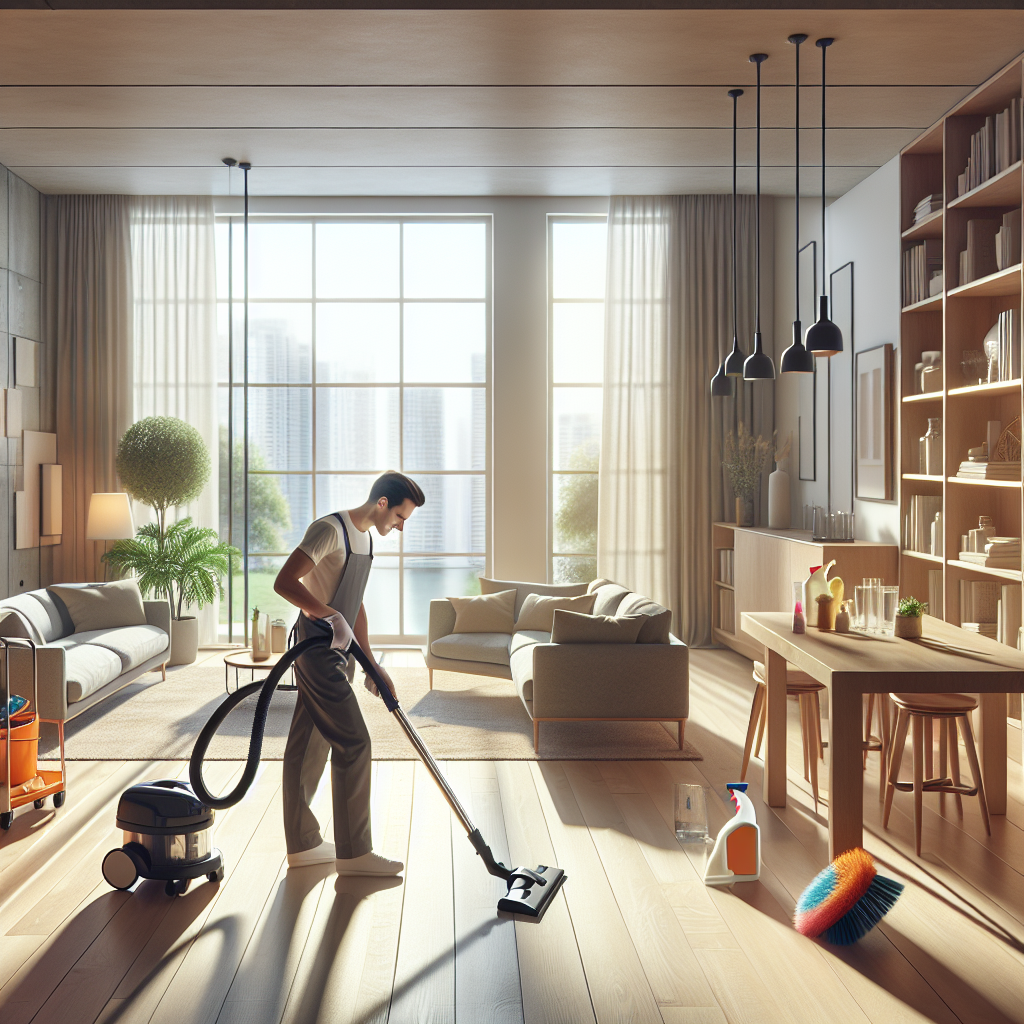 A professional cleaner vacuuming a well-lit living room, with various cleaning equipment visible.