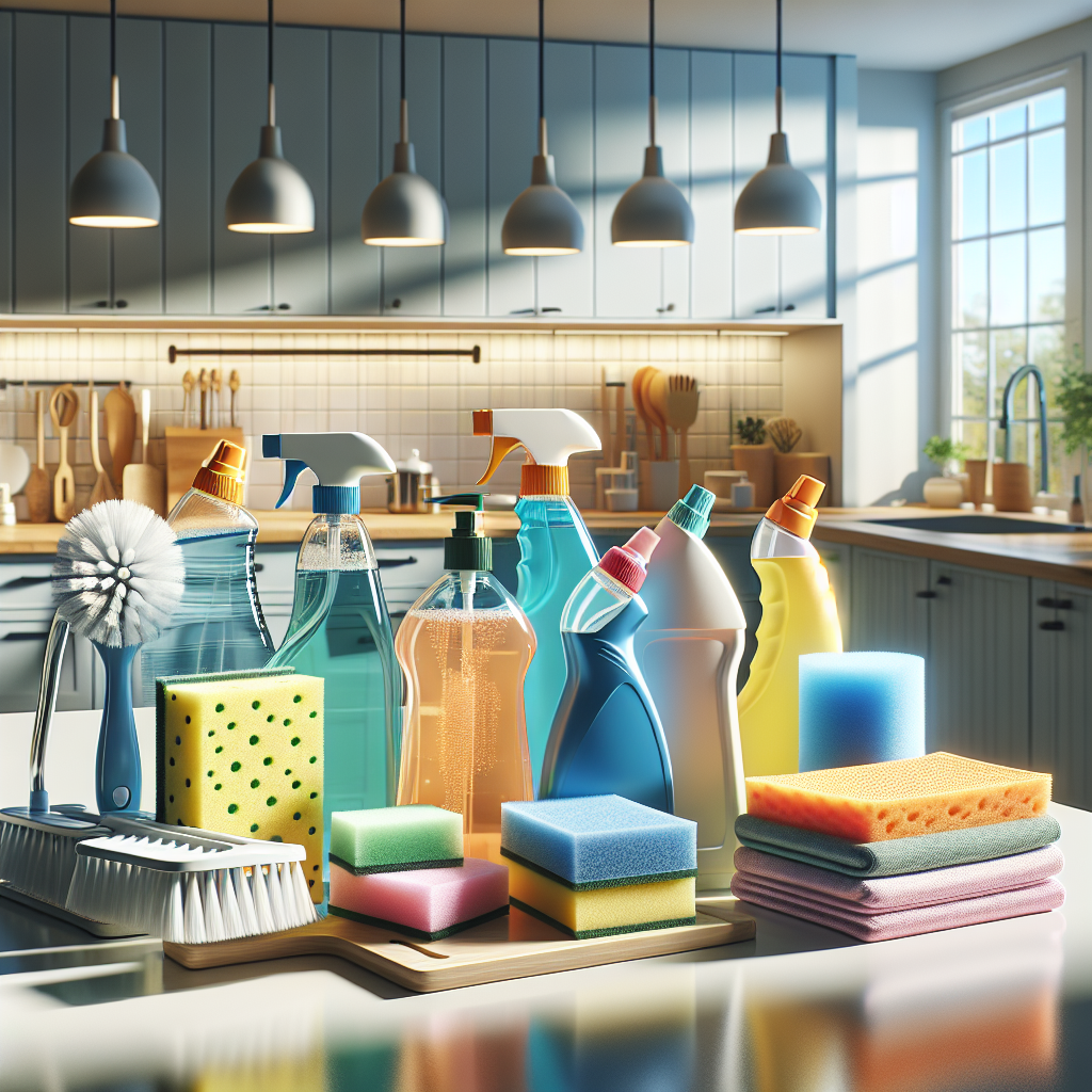 A variety of basic cleaning products neatly arranged on a clean countertop in a well-lit, modern kitchen.