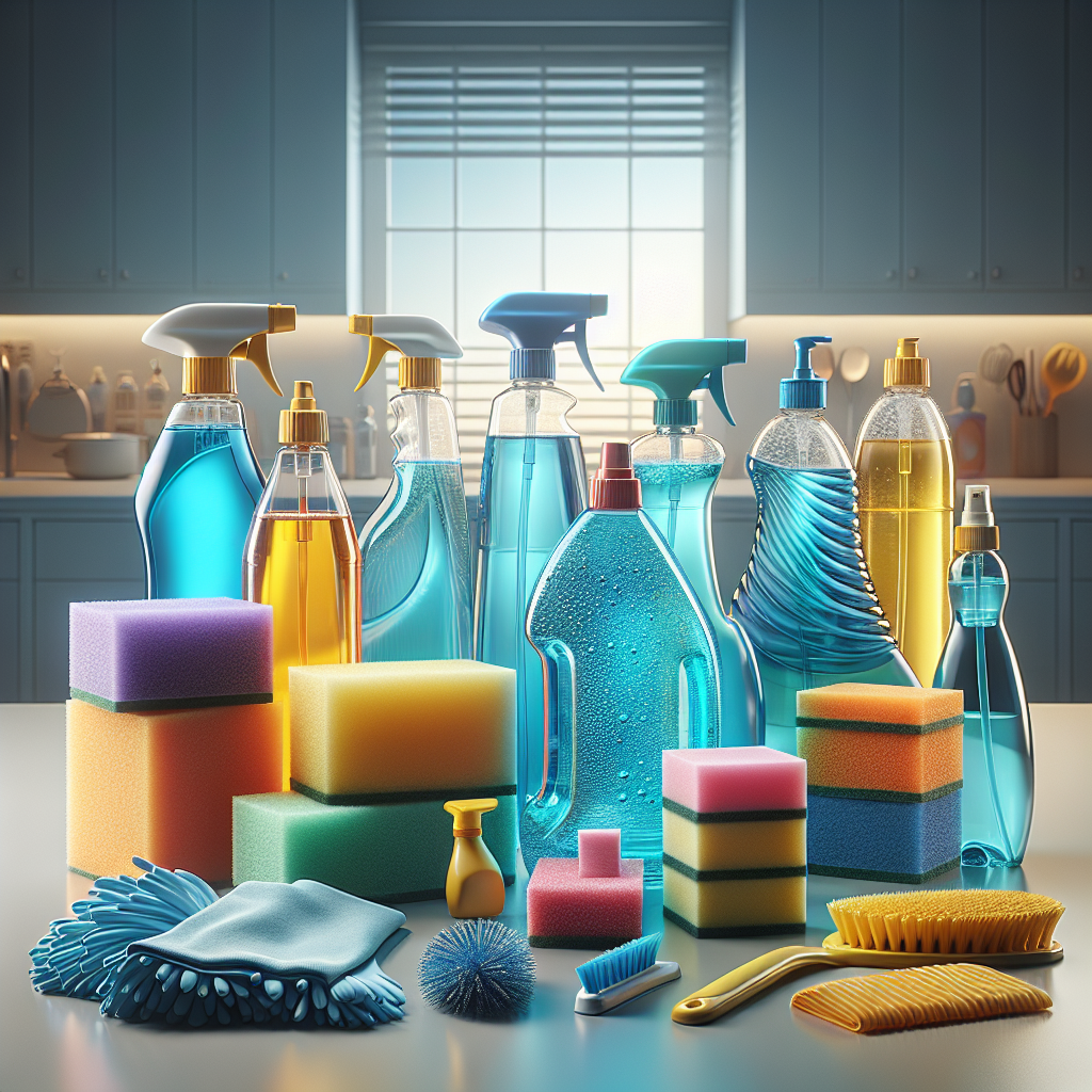 Essential cleaning products including multi-surface cleaners, spray bottles, sponges, microfiber cloths, and a duster arranged on a table in a clean kitchen setting.