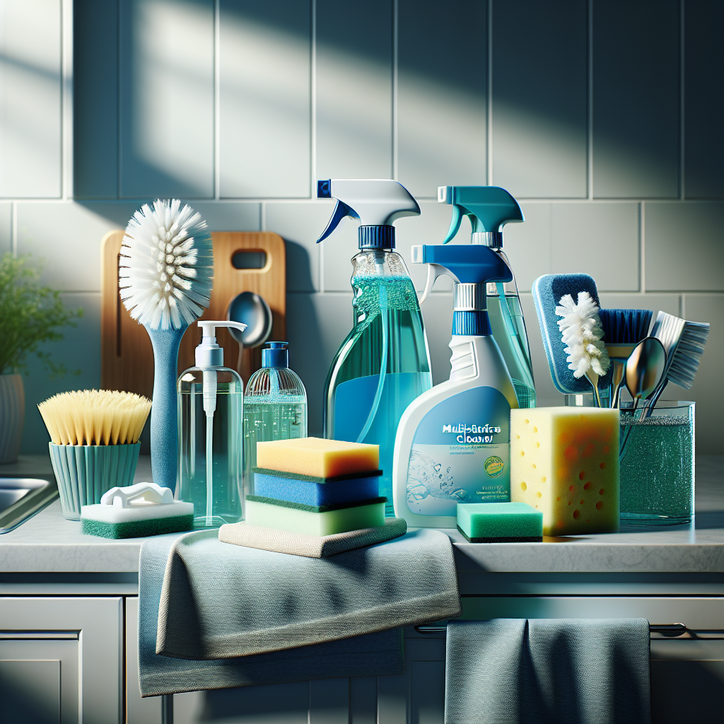 Basic cleaning products neatly arranged on a clean kitchen counter.