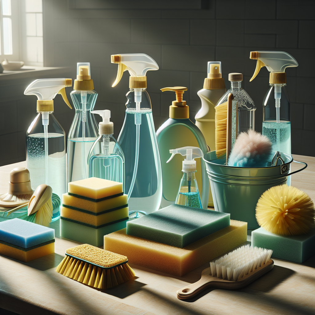Basic cleaning products including a spray bottle, dish soap, sponges, duster, and a bucket arranged neatly on a kitchen counter.