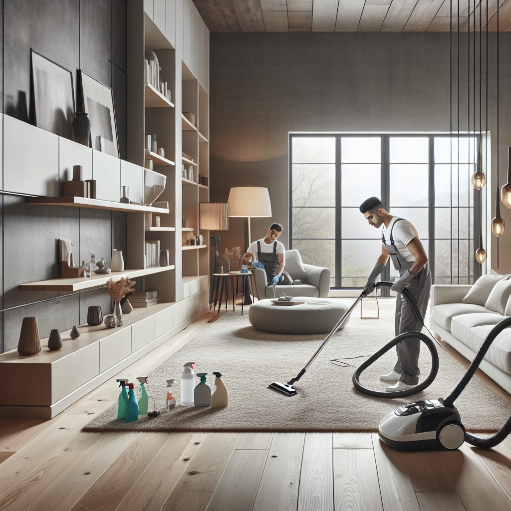 A modern living room being professionally cleaned with a uniformed cleaner vacuuming the carpet and another dusting shelves, showcasing a clean and inviting space.