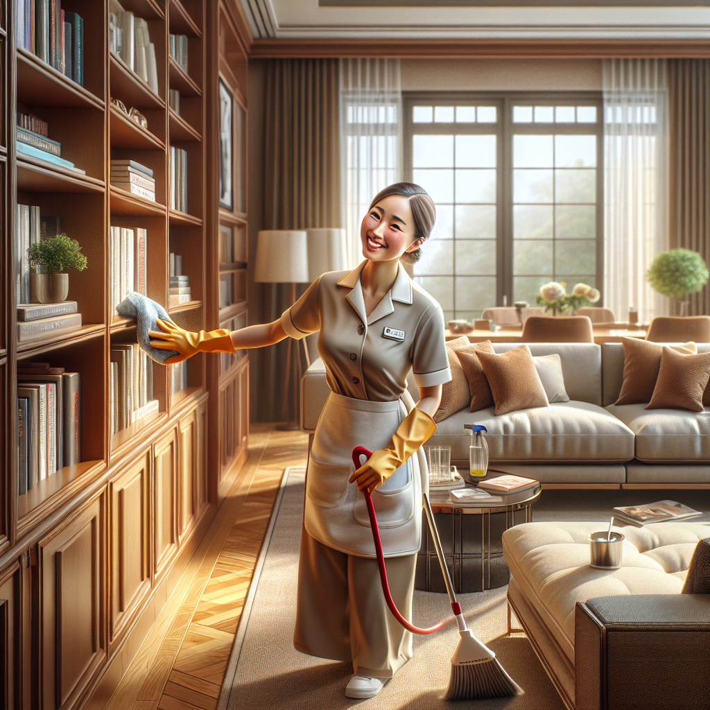 Professional cleaner dusting a bookshelf in a clean, cozy living room.