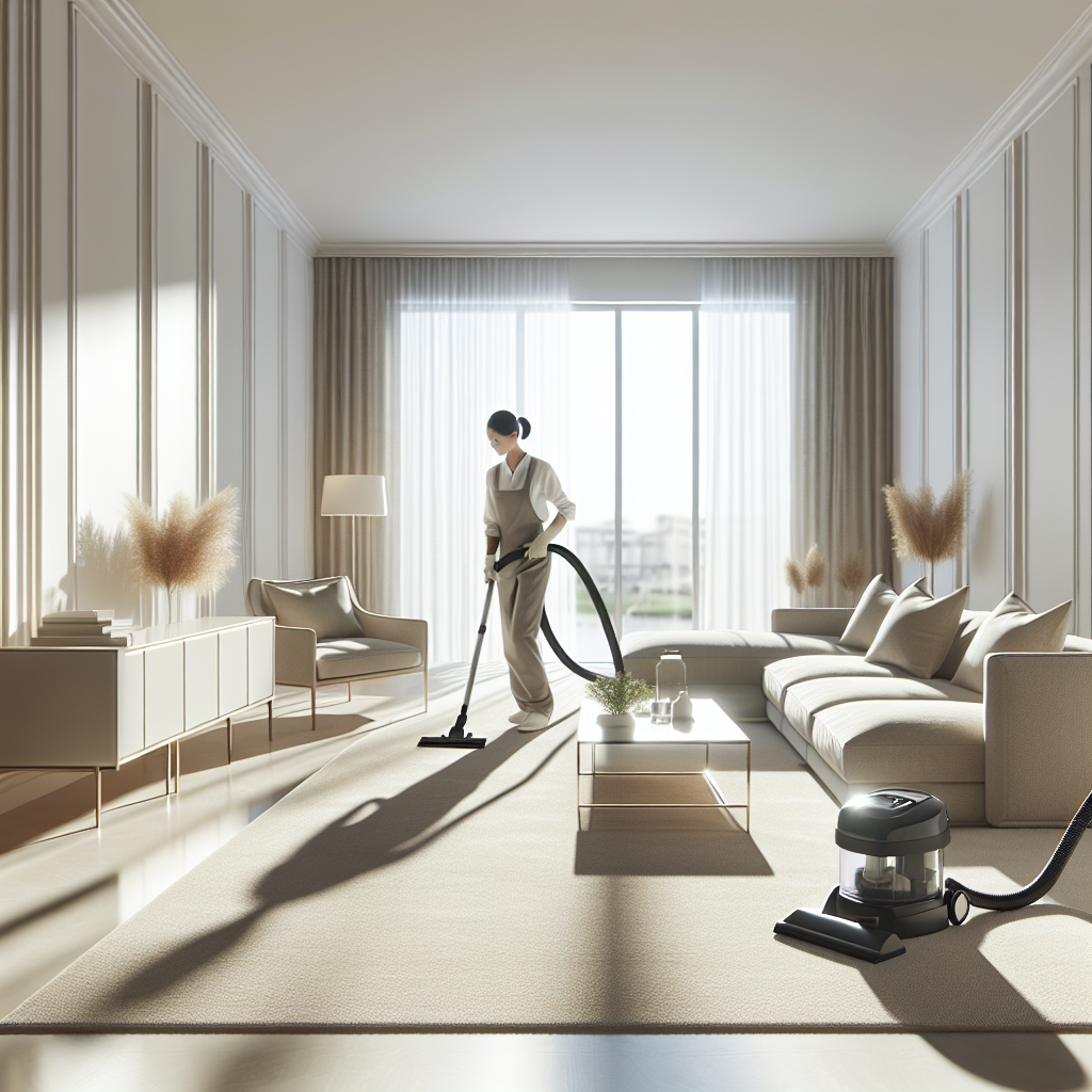A professional cleaner vacuuming a modern, clean living room with minimalistic furniture in neutral tones.
