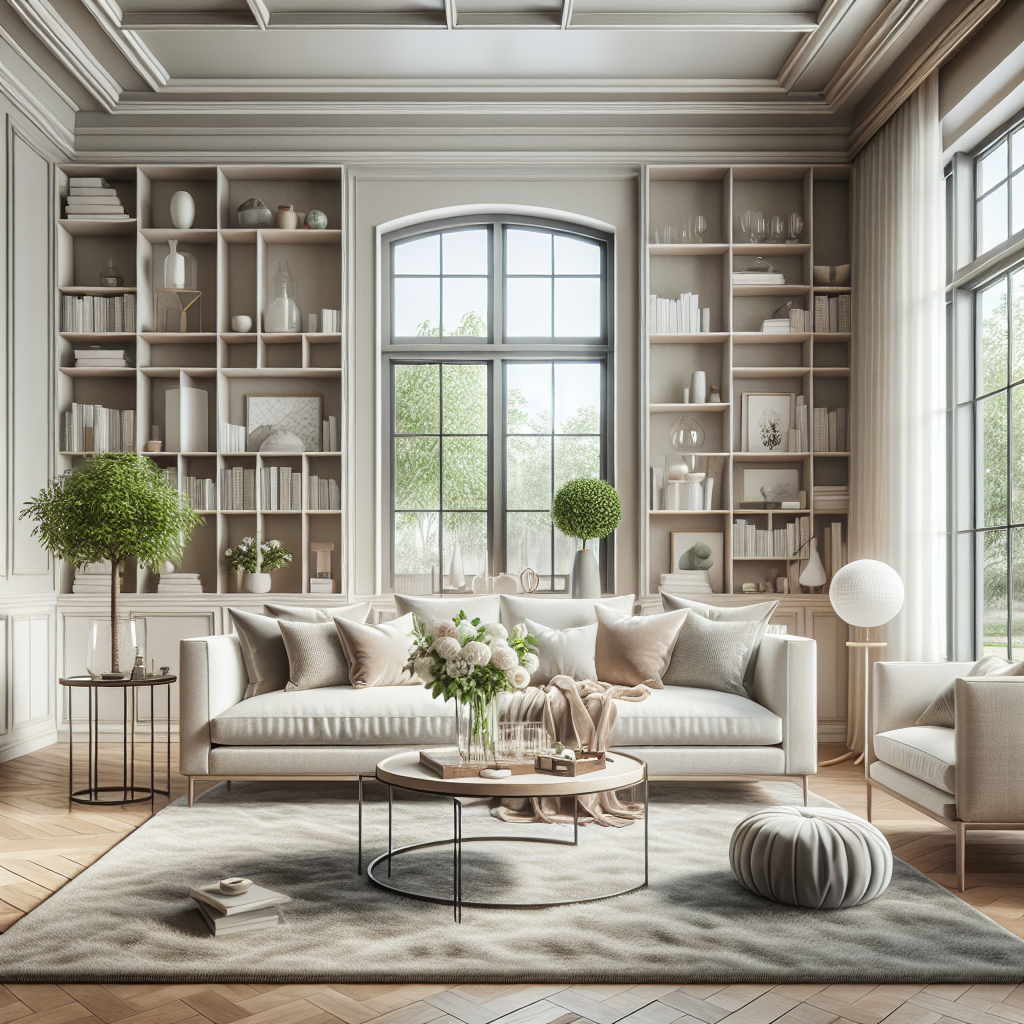 A clean, organized living room with modern furniture and natural lighting.