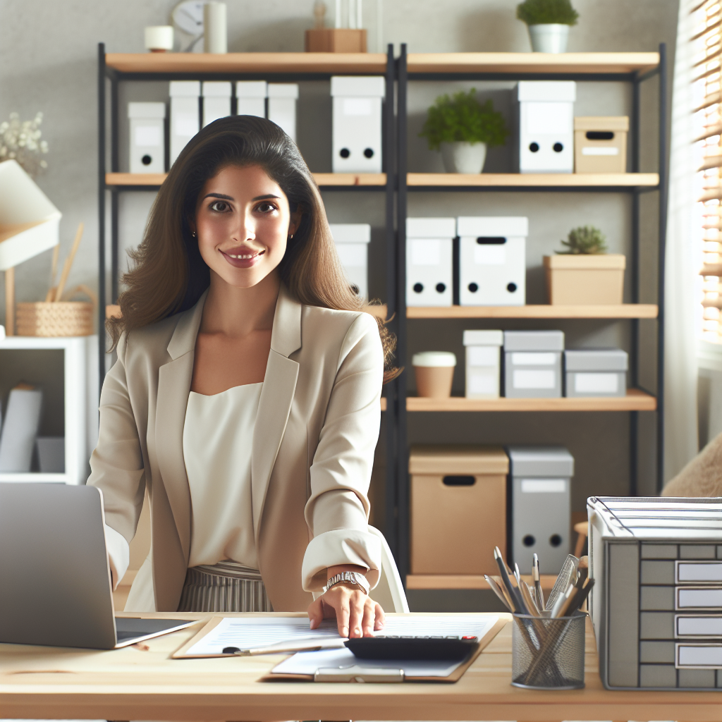 A professional organizer working in a modern, tidy home office with neatly arranged shelves and a clutter-free desk.