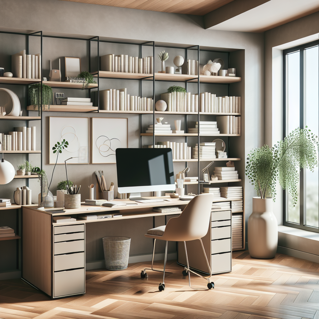 A realistic depiction of a well-organized, modern home office with minimal clutter and natural light.