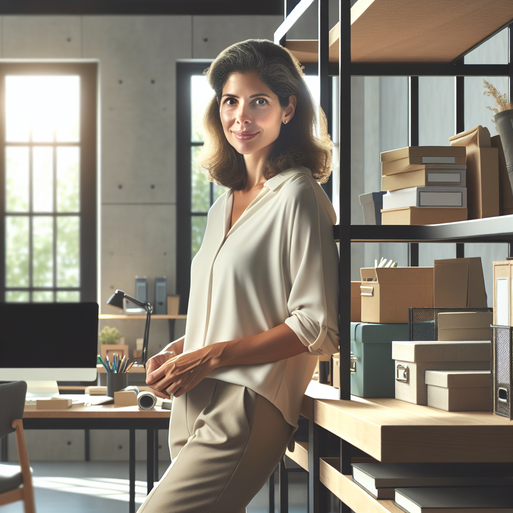 A professional organizer tidying a modern, clutter-free office.