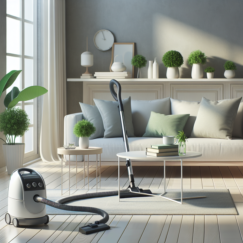 A clean and well-organized living room with a vacuum and freshly cleaned surfaces.