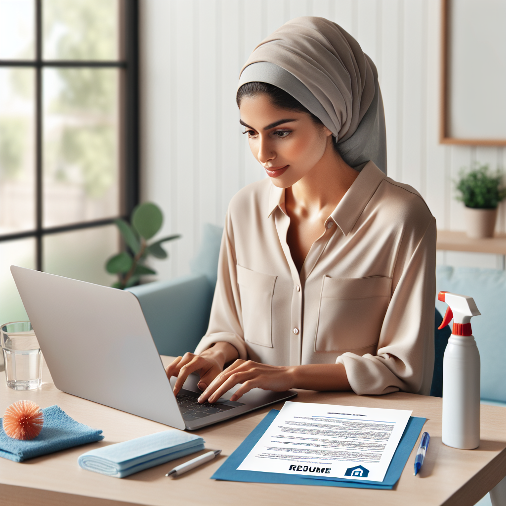 A person crafting a residential cleaning resume on a laptop, with cleaning supplies on a clean and organized desk.