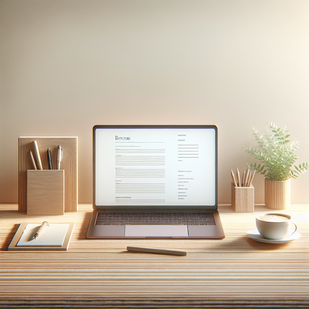 A realistic depiction of a neatly organized desk with a laptop displaying a resume template, a cup of coffee, a notepad with a pen, and a plant in a clean, professional setting.