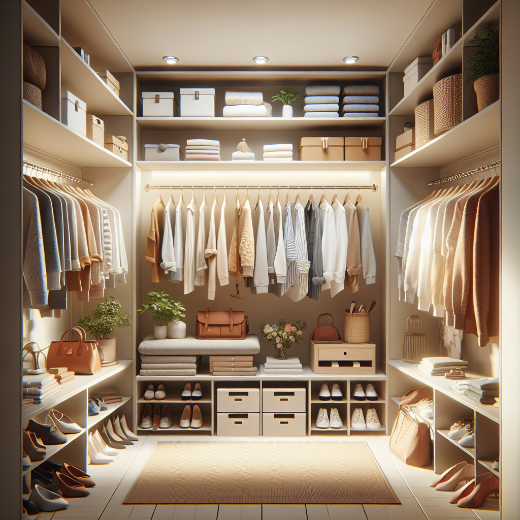 A neatly organized and functional closet with clothes, shoes, and storage boxes.