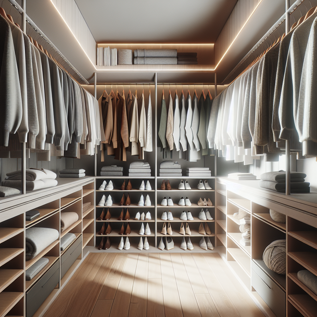 A professionally organized closet with color-coordinated clothes, neatly folded sweaters, and aligned shoes.