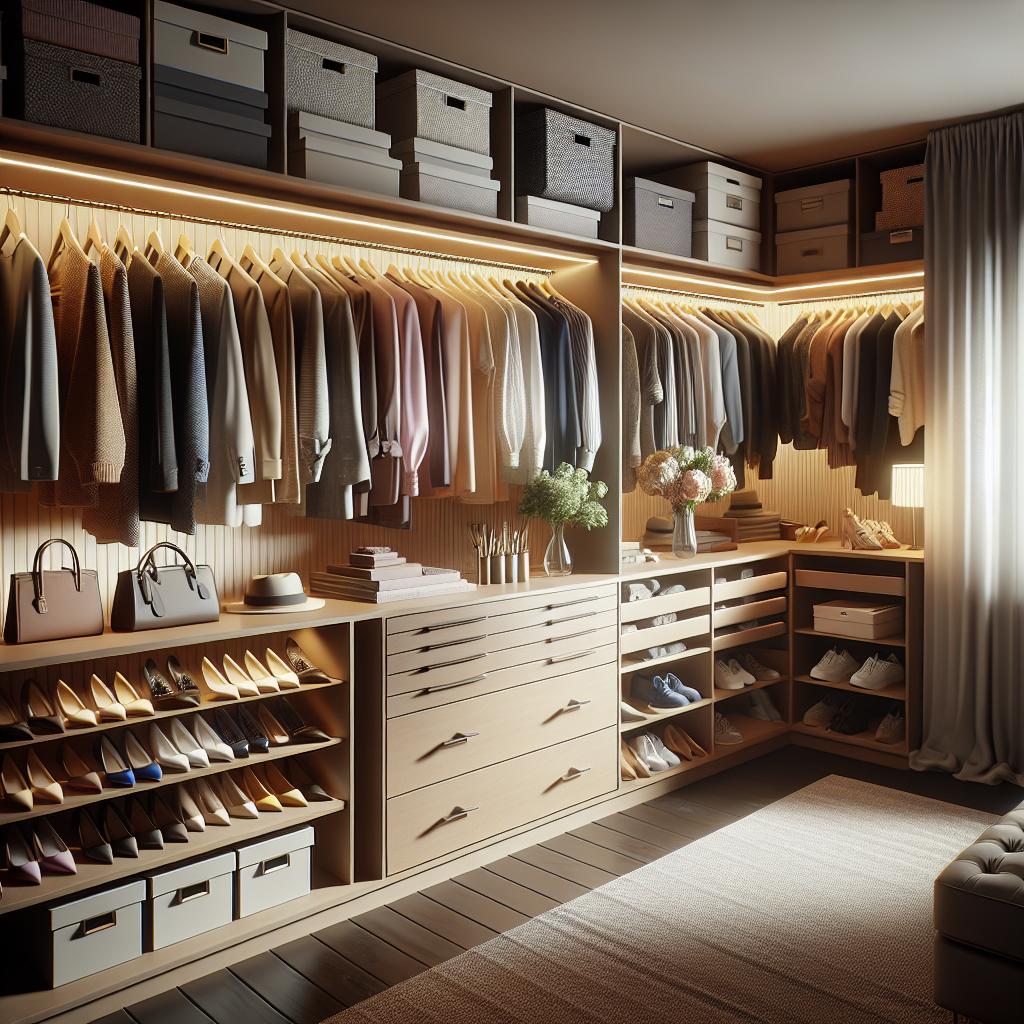 A modern, well-organized walk-in closet with neatly arranged clothing, shoes, and accessories.