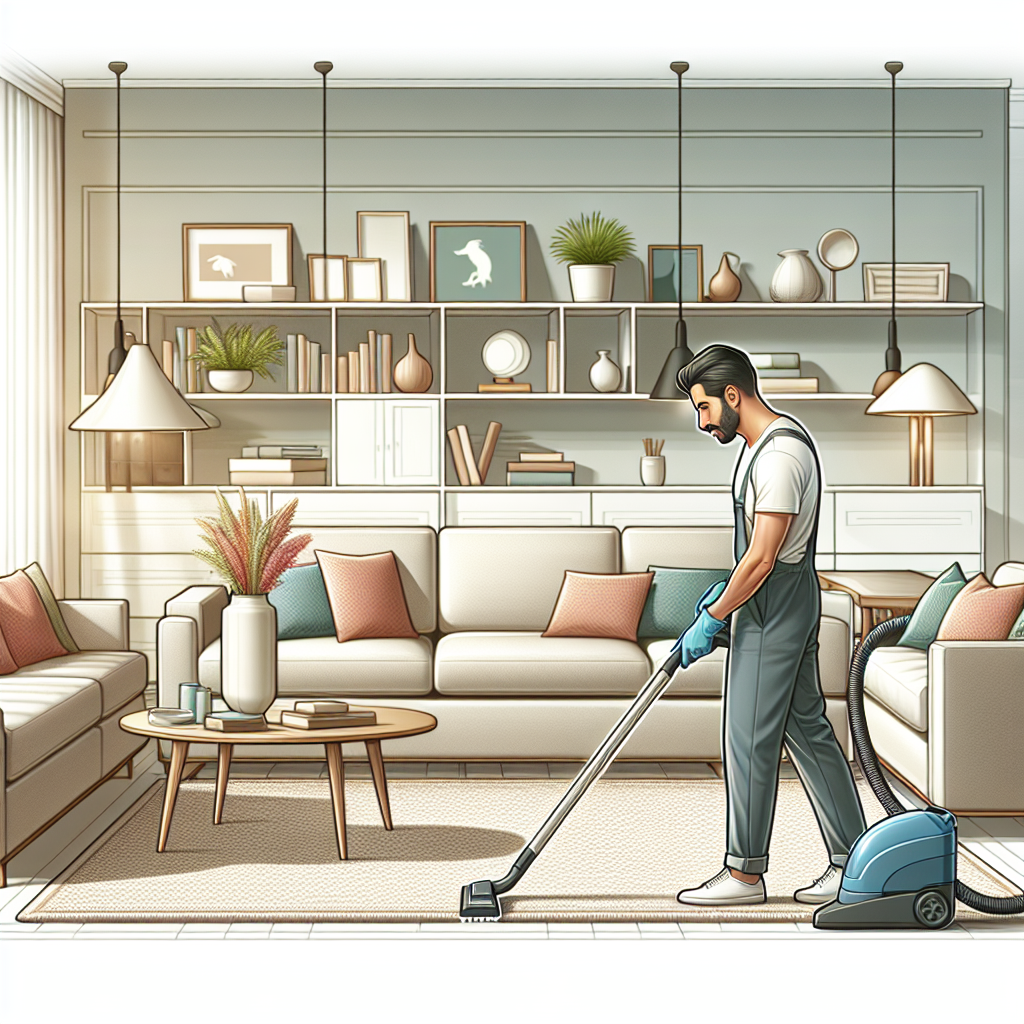 A professional cleaner vacuuming the carpet in a modern living room.