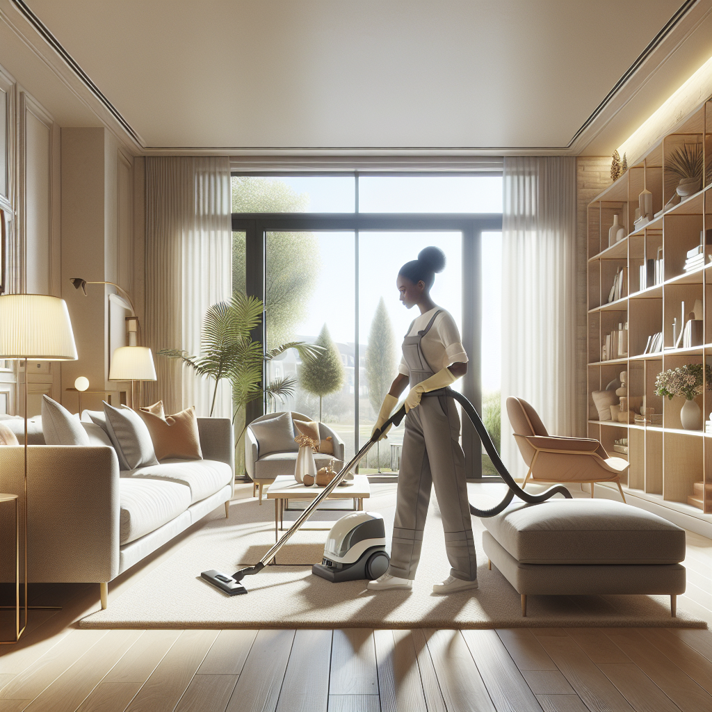 A professional cleaner vacuuming a tidy living room in a modern house, with soft neutral colors and natural lighting.