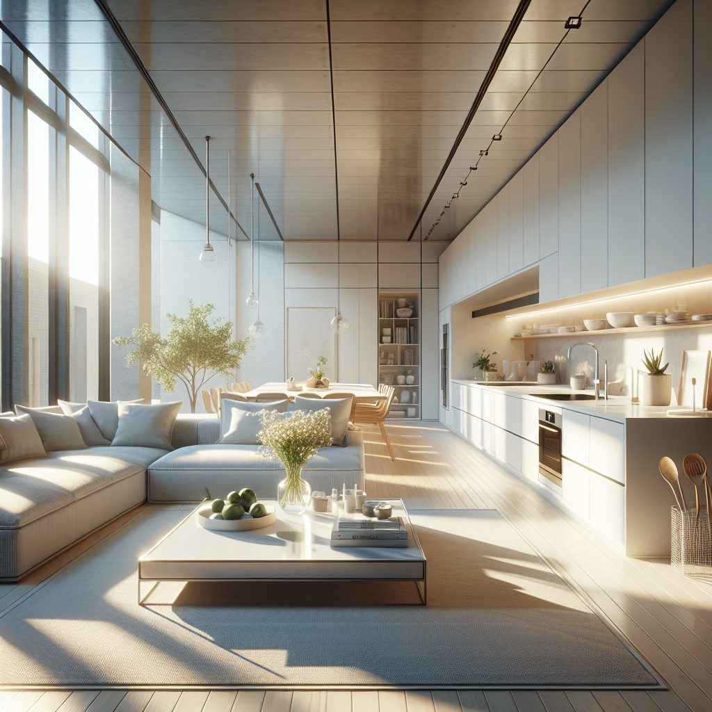 Realistic image of a clean, modern home interior featuring a well-kept living room and kitchen area.
