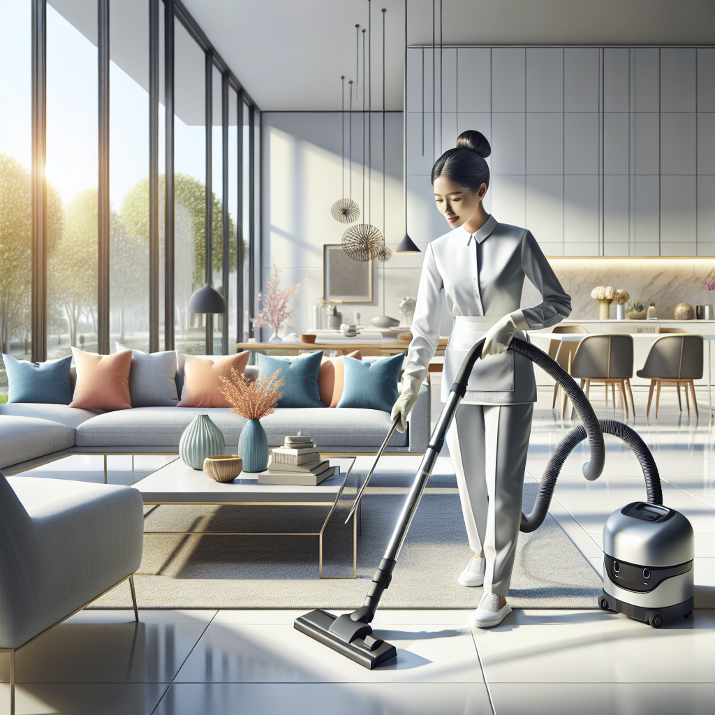 A professional cleaner vacuuming a modern living room, showcasing house cleaning services.