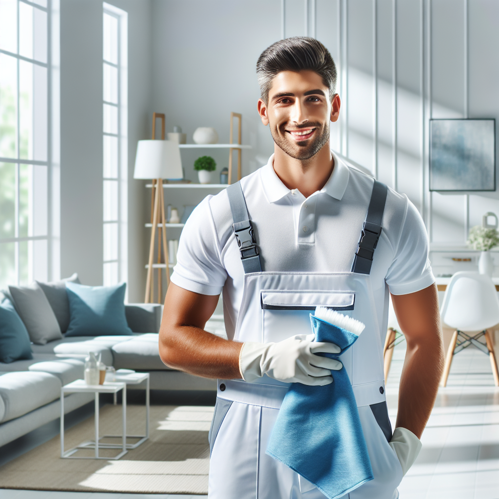 A friendly house cleaner in uniform cleaning a modern living room, creating a bright and clean atmosphere.