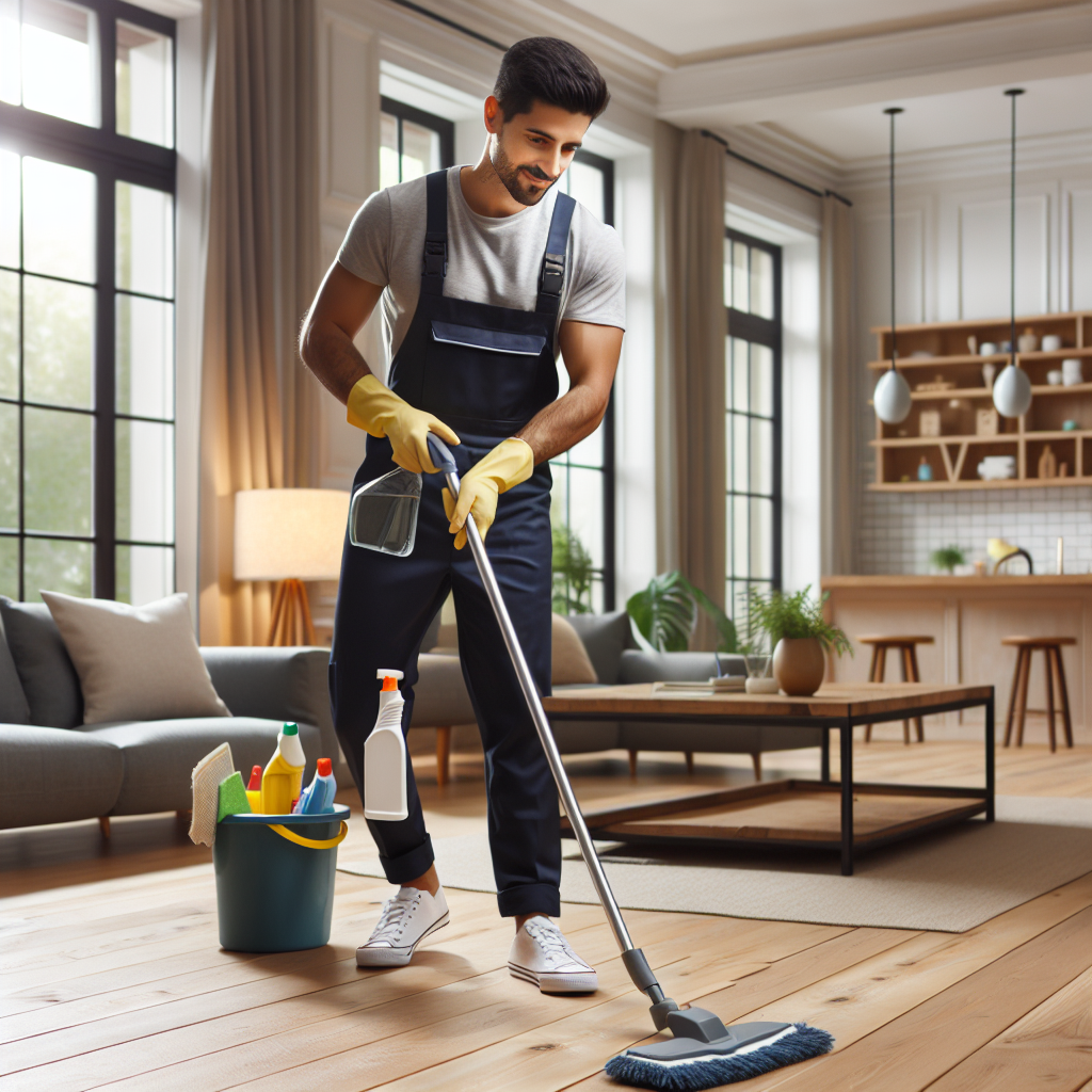 Professional cleaner in a neat uniform cleaning a modern living room, showcasing house cleaning services.