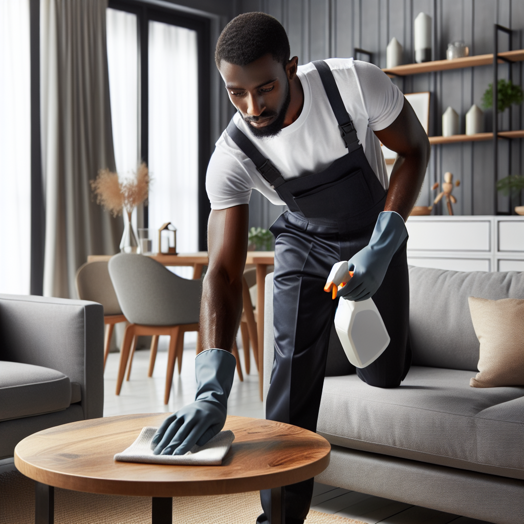 Professional house cleaner in a modern, tidy living room using eco-friendly cleaning products.