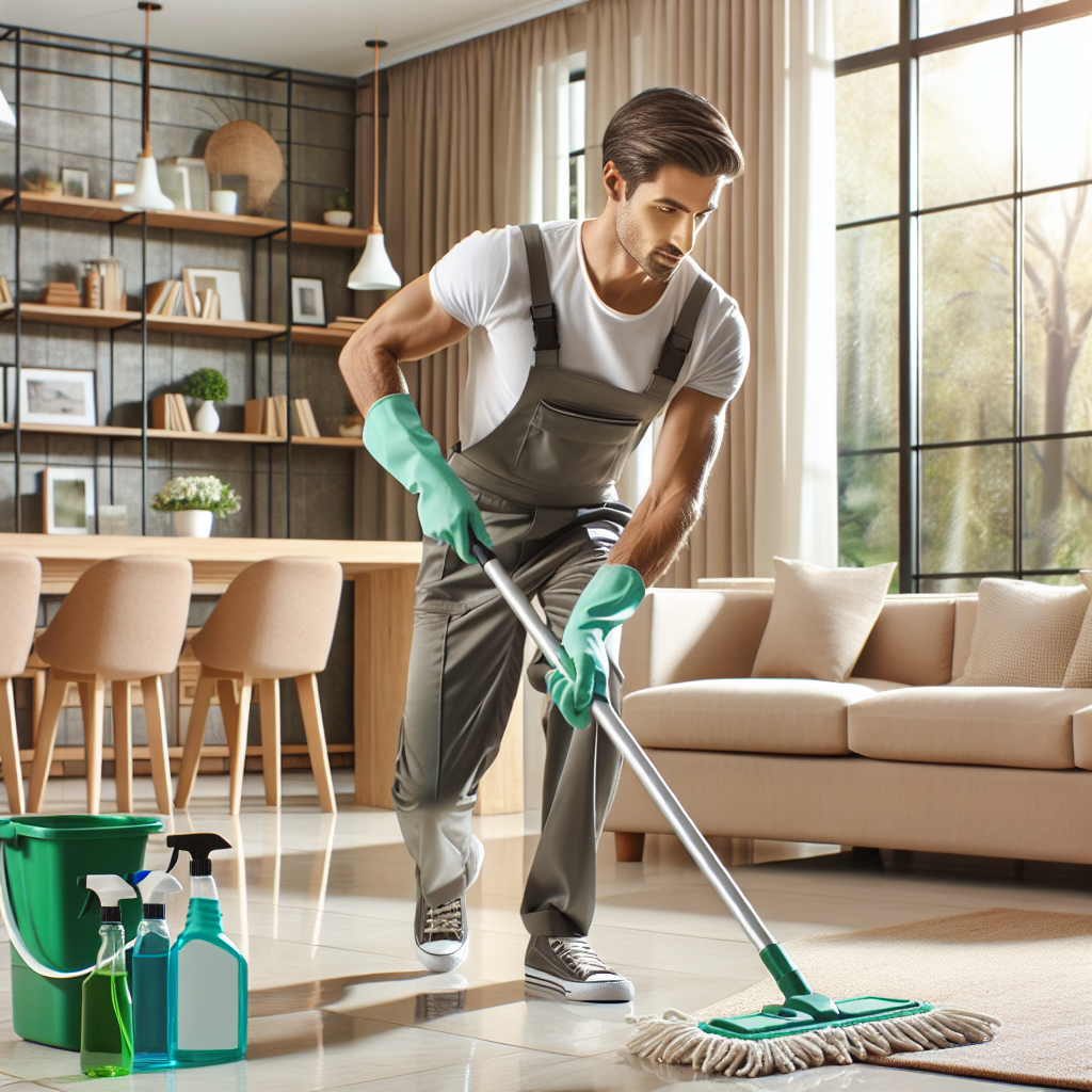 A professional house cleaner in a modern, clean living room using eco-friendly products.