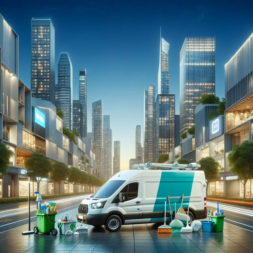 A busy modern city with a prominently displayed cleaning service van and eco-friendly supplies against residential and commercial buildings.