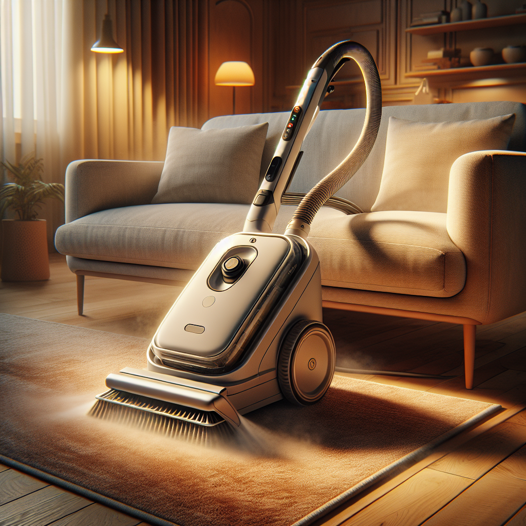 Advanced home upholstery cleaning machine cleaning a light-colored sofa in a cozy living room.