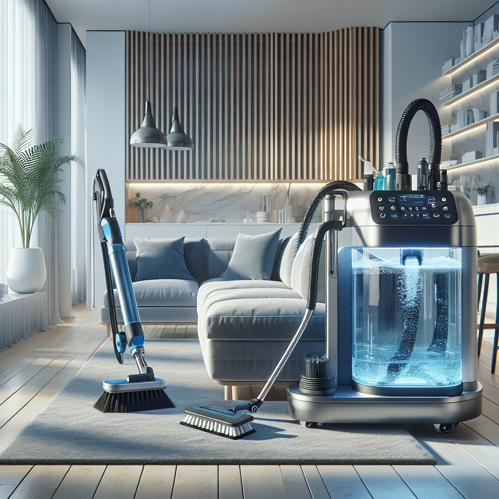 A modern home upholstery cleaning machine in action on a sofa in a well-lit living room.