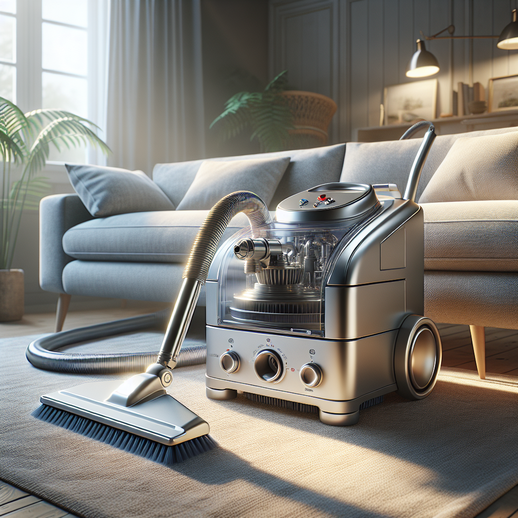 Home upholstery cleaning machine in action on a plush sofa in a cozy living room.