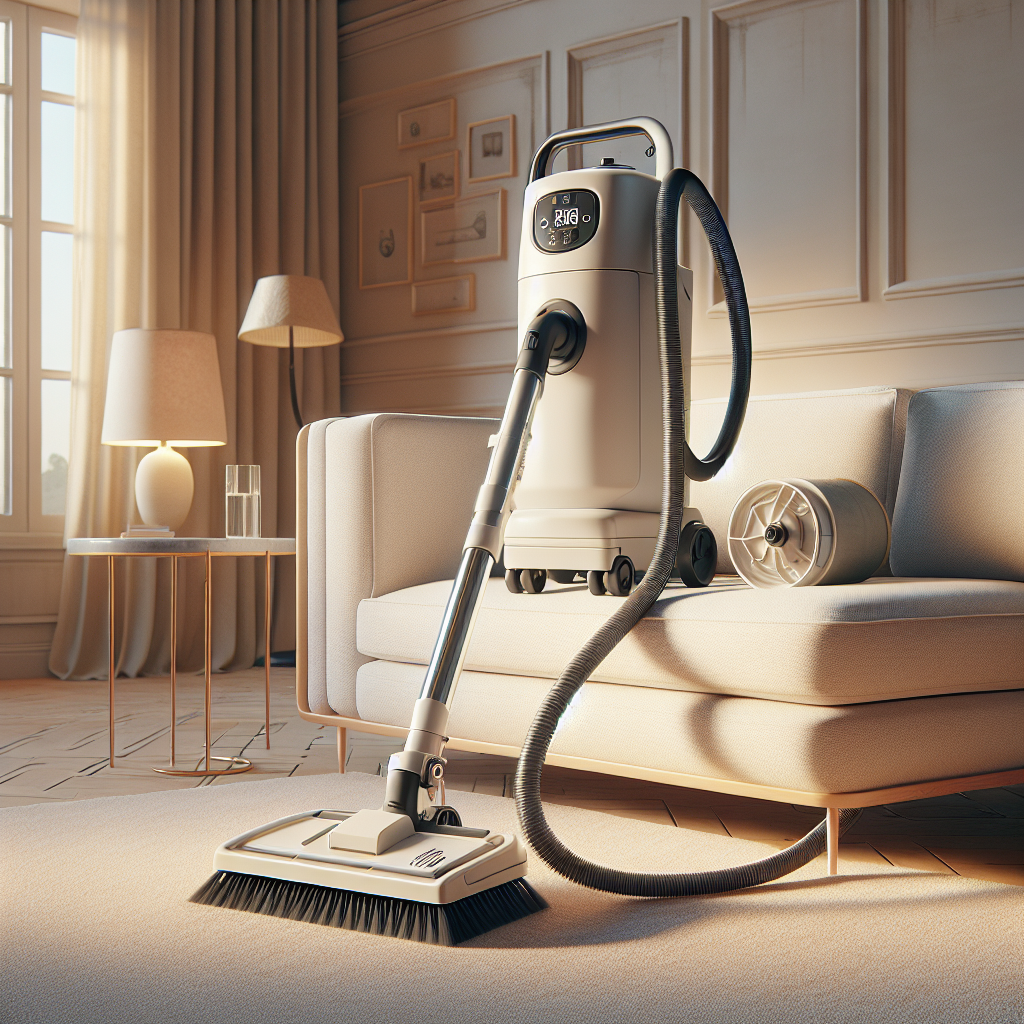 A high-quality upholstery cleaning machine in action, cleaning a light-colored sofa in a pristine living room.