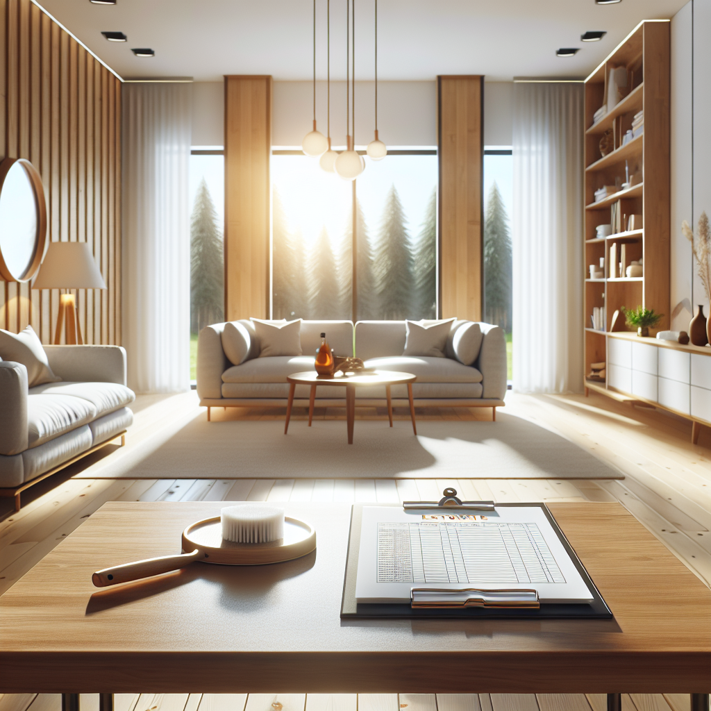 A realistic image of a tidy living room with a clipboard or tablet on a coffee table, illustrating pricing house cleaning jobs.