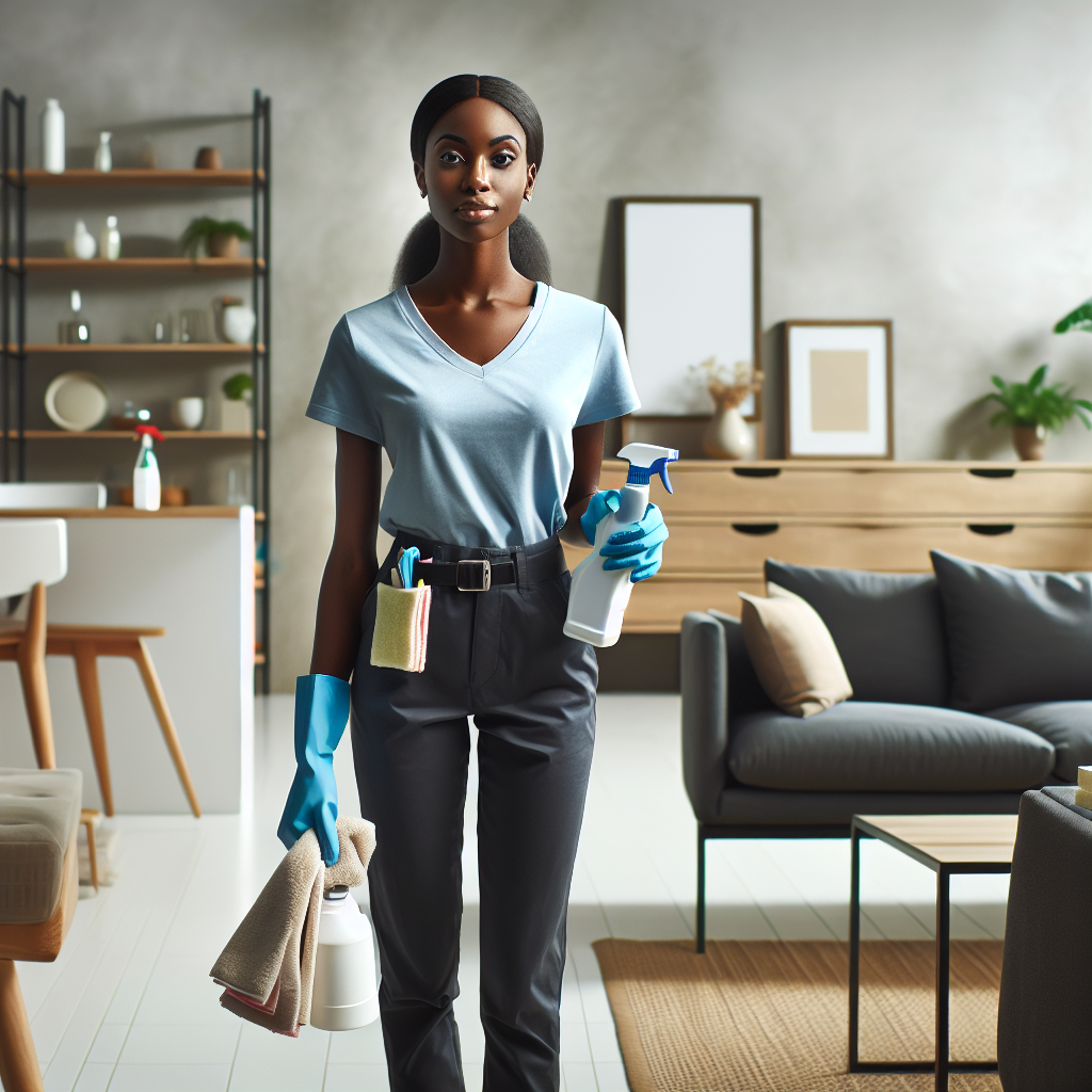 A professional house cleaner preparing to start cleaning in a neat and orderly room.