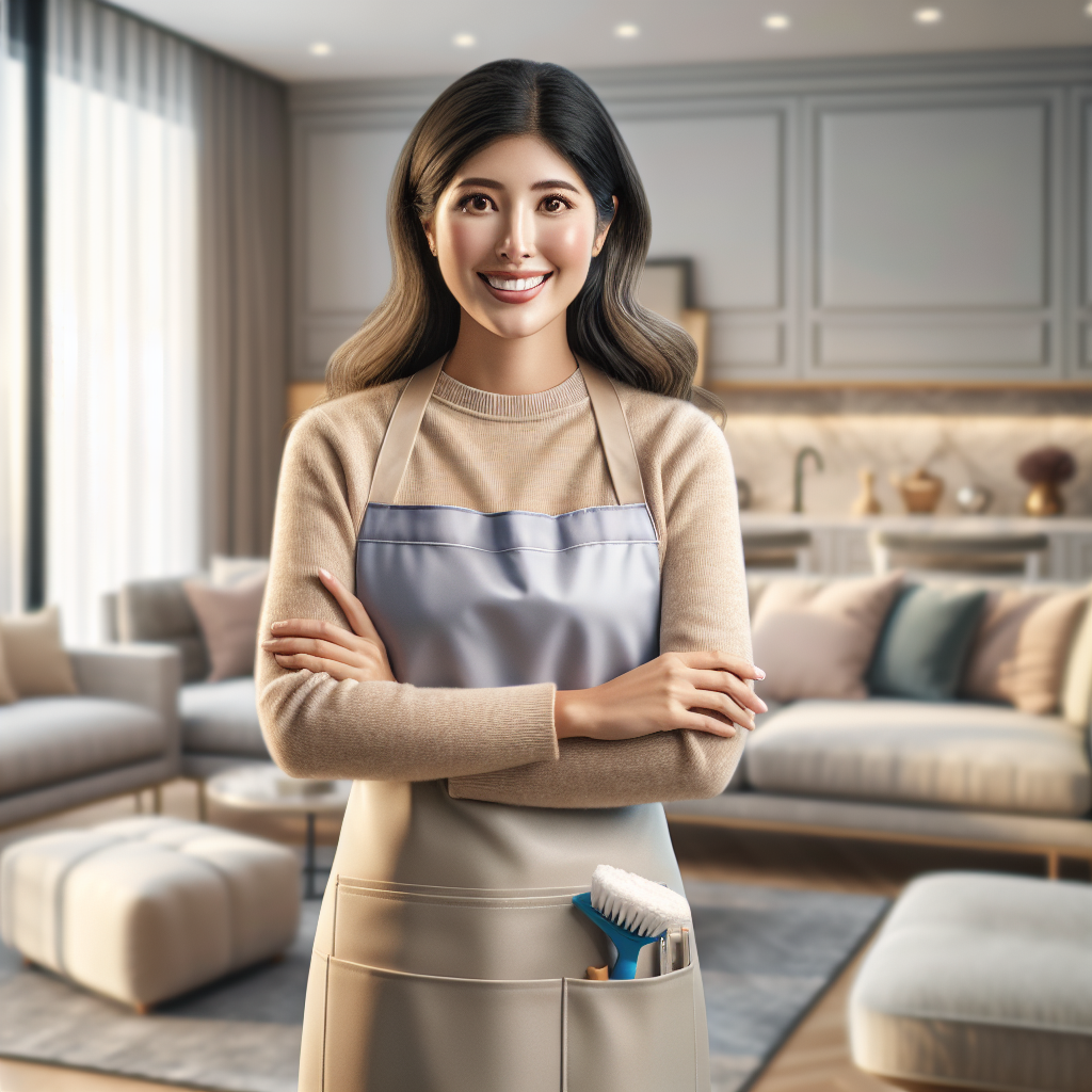 A realistic depiction of a friendly house cleaner in a clean, well-lit living room.