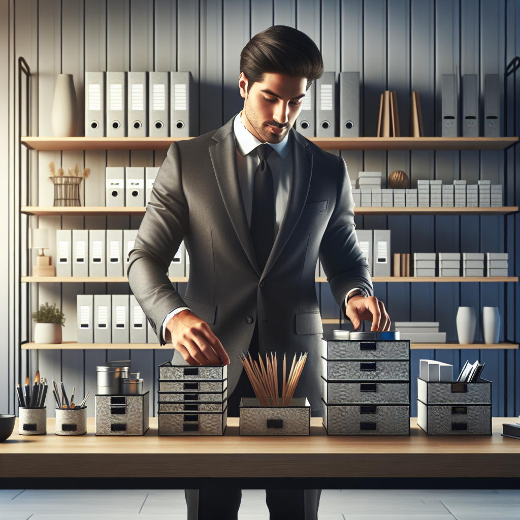 A professional organizer working in a well-organized modern office space.
