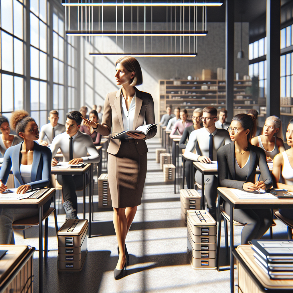 Professional organizer training session in a modern classroom with diverse students and instructor.