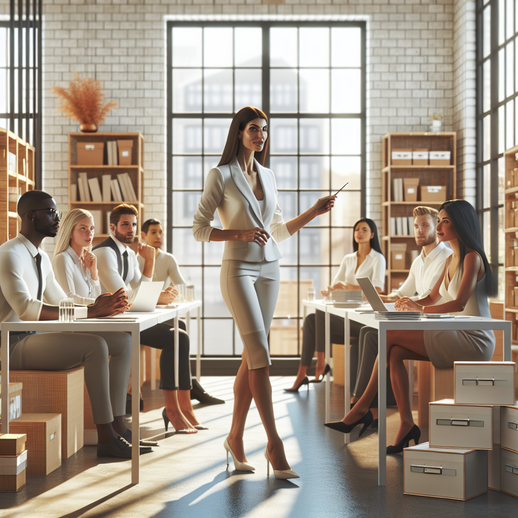 Professional organizer conducting a workshop in a bright and well-organized office space.